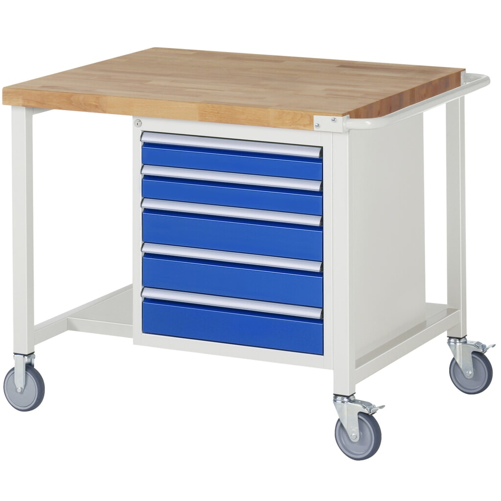 RAU mobile Werkbank Serie 8000, 1 Ablageboden, HxBxT 880-1.080 x 1.000 x 900 mm, 5 x 100%-Auszug-Schubladen, Breite 490 mm Produktabbildung: RAU mobile Werkbank Serie 8000, 1 Ablageboden, HxBxT 880-1.080 x 1.000 x 900 mm, 5 x 100%-Auszug-Schubladen, Breite 490 mm
