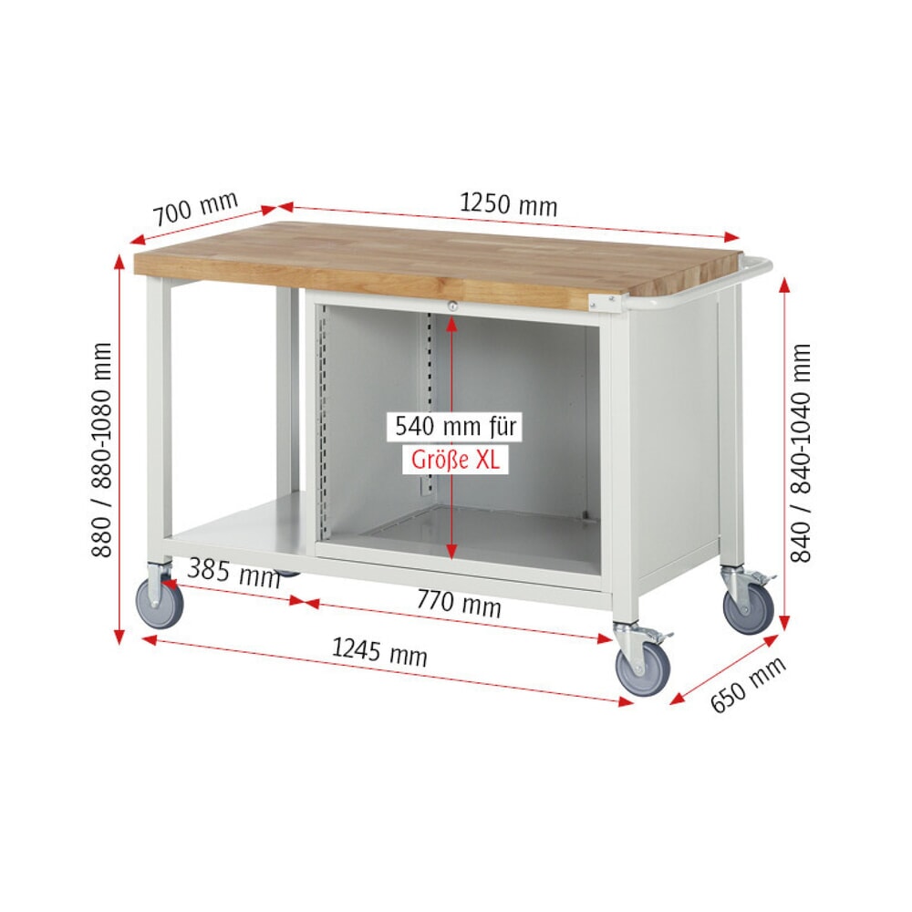 Produktabbildung Nr. 7: RAU mobile Werkbank Serie 8000, 1 Ablageboden, HxBxT 880-1.080 x 1.250 x 700 mm, 2 x 90%-Auszug-Schubladen