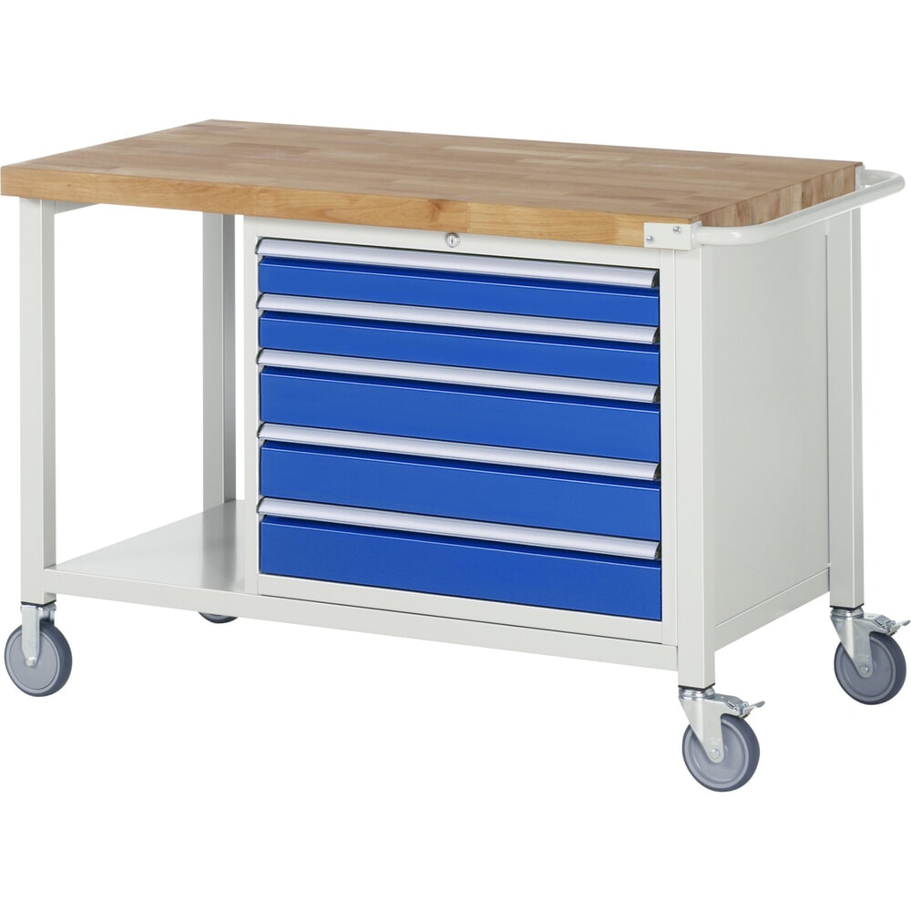 Produktabbildung: RAU mobile Werkbank Serie 8000, 1 Ablageboden, HxBxT 880-1.080 x 1.250 x 700 mm, 5 x 100%-Auszug-Schubladen, Breite 680 mm