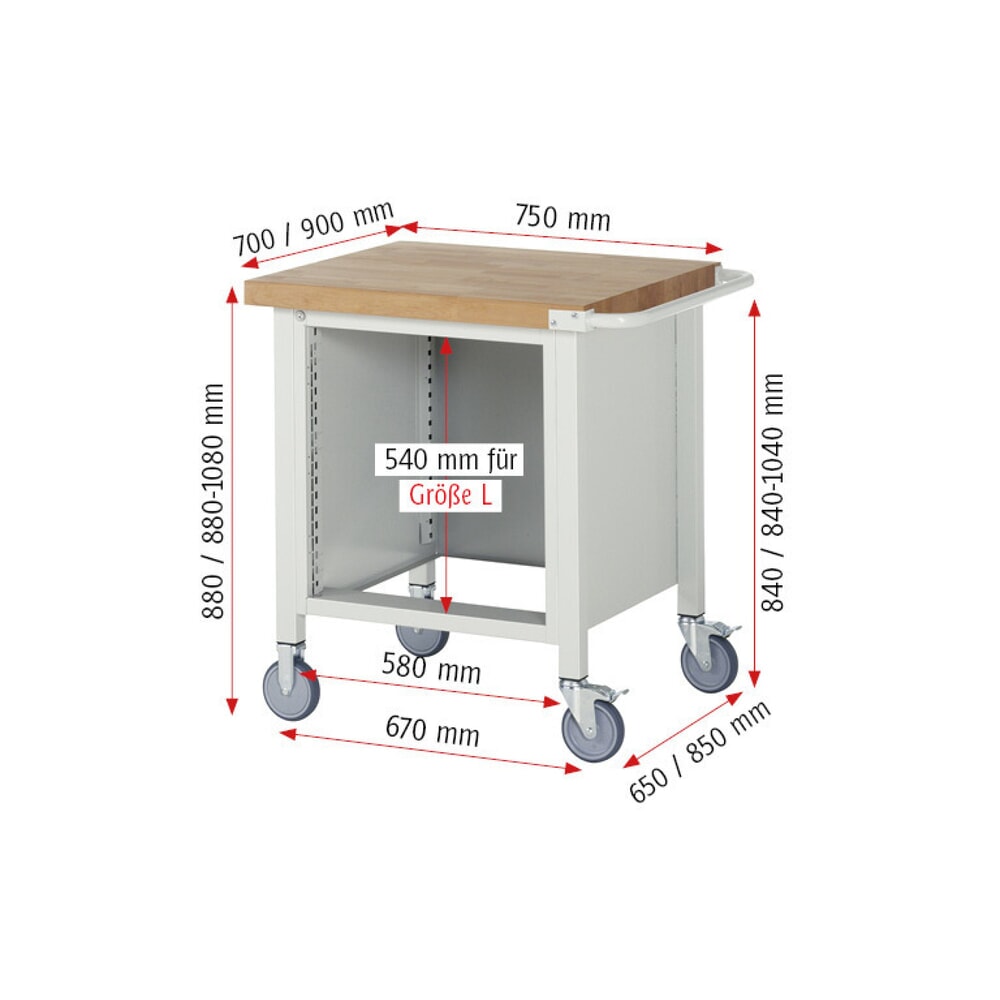 Produktabbildung Nr. 9: RAU mobile Werkbank Serie 8000, HxBxT 880-1.080 x 750 x 700 mm, 1 Container, 1 Flügeltür, 1 x 90%-Auszug-Schublade