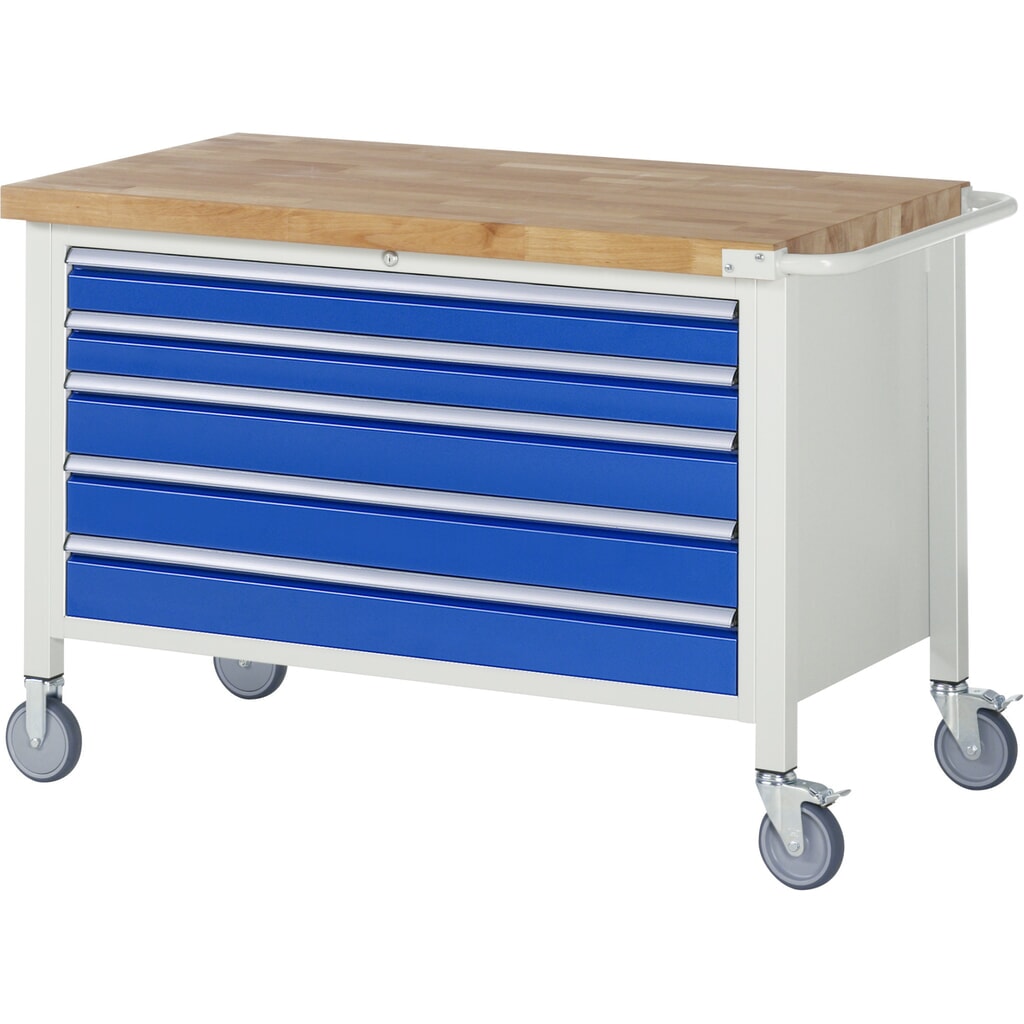 Produktabbildung: RAU mobile Werkbank Serie 8000, HxBxT 880 x 1.250 x 700 mm, 1 Container, 5 x 100%-Auszug-Schubladen, Breite 1.055 mm