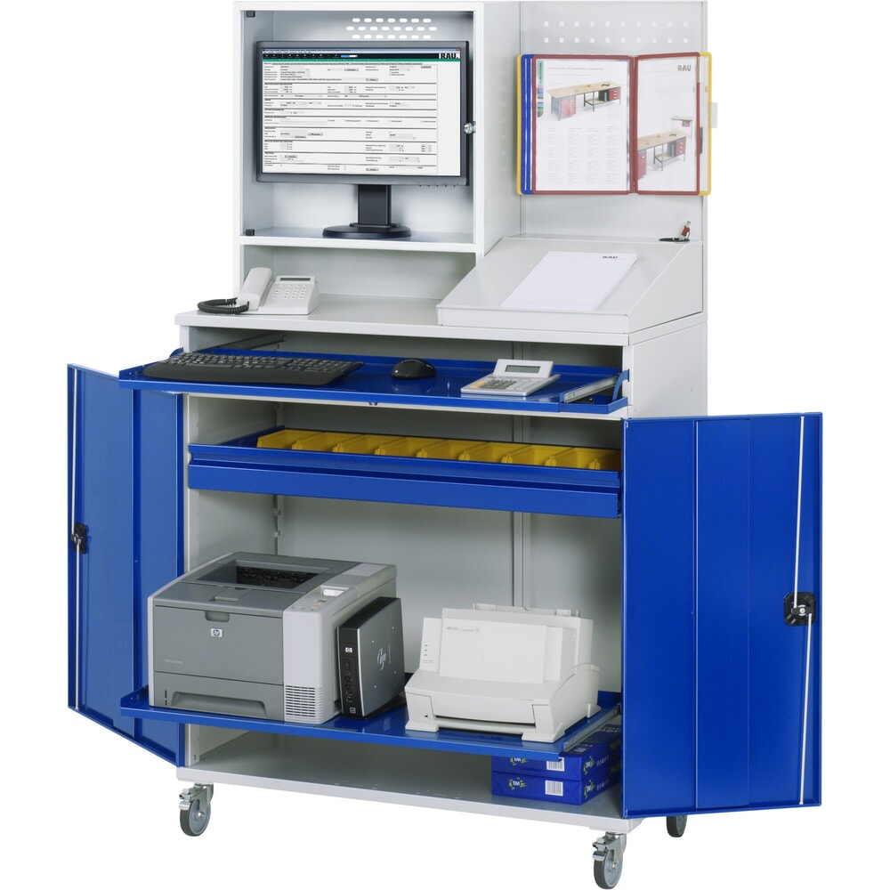 Produktabbildung: RAU mobiler Computer-Schrank, Monitorgehäuse, Tastaturauszug, Doppel-Flügeltür, Lochplattenrückwand, Schubladenanzahl x H x B: 1 x 80 x 1.020 mm
