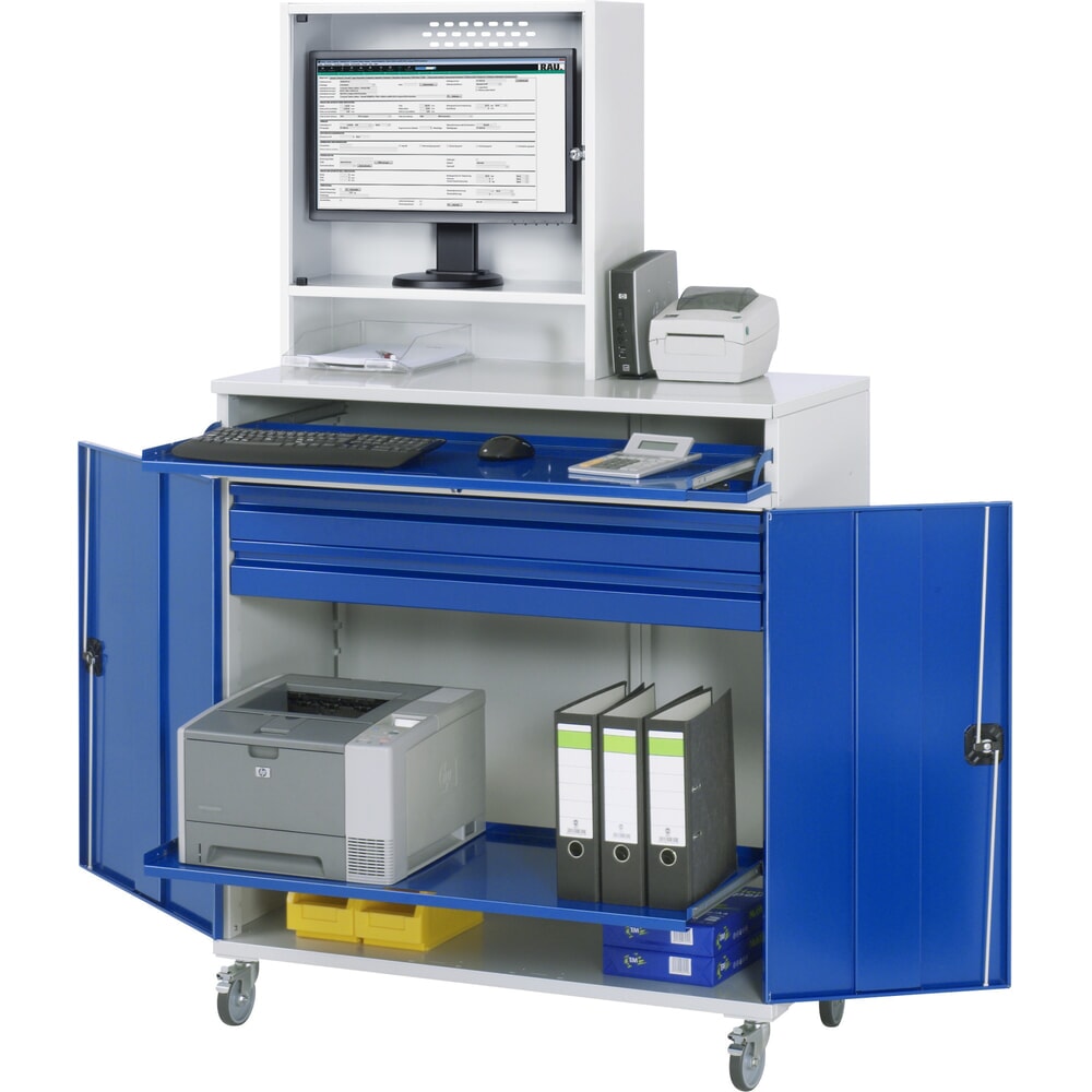 Produktabbildung: RAU mobiler Computer-Schrank, Monitorgehäuse, Tastaturauszug, Doppel-Flügeltür, Schubladenanzahl x H x B: 2 x 80 x 1.020 mm