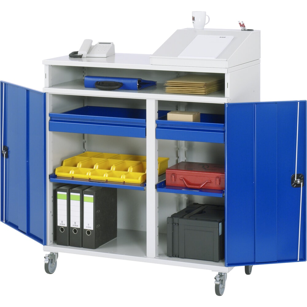 Produktabbildung: RAU mobiles Rollpult, HxBxT 1.185-1.345 x 1.100 x 520 mm, Schubladen 2 x 80 mm