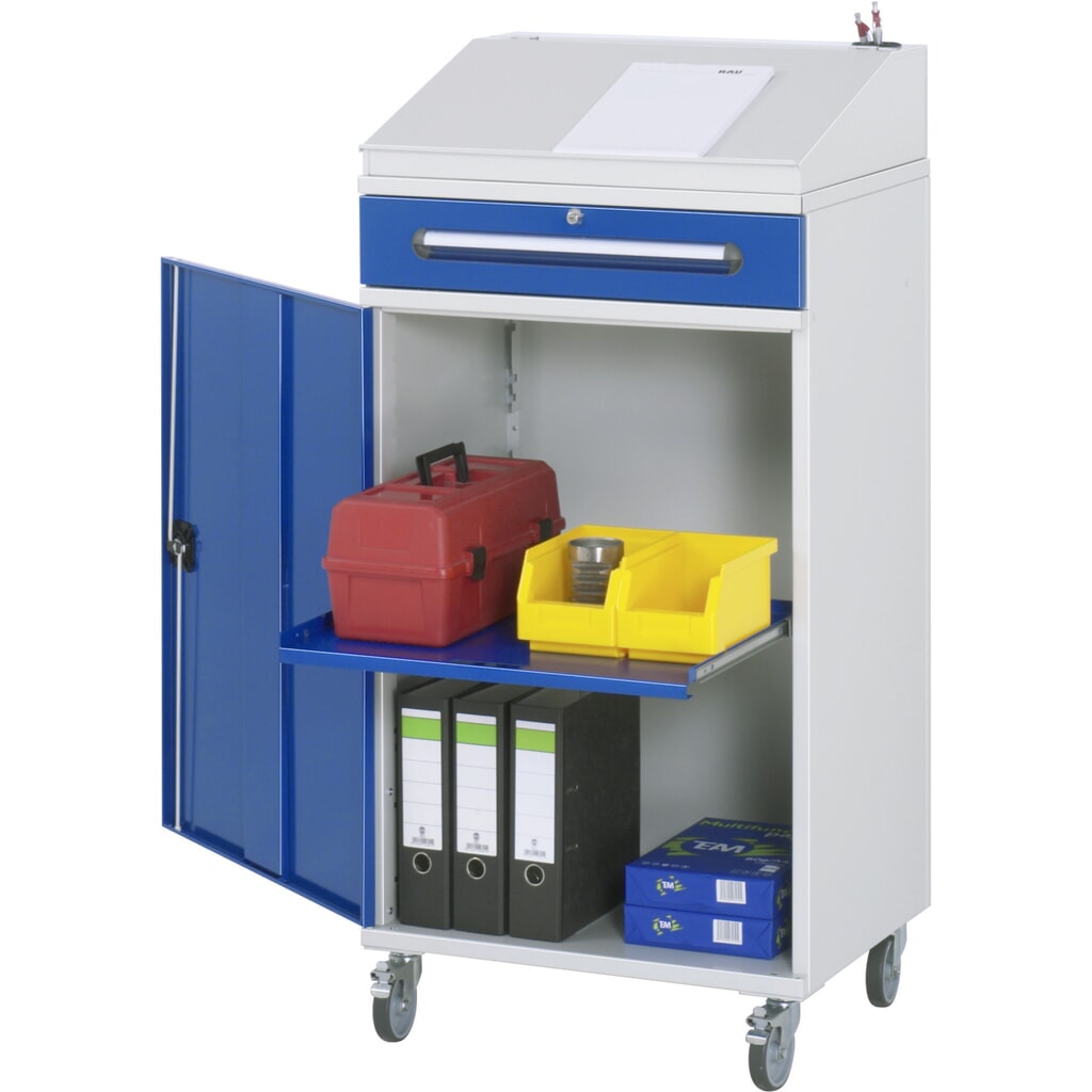 RAU mobiles Rollpult, HxBxT 1.235-1.345 x 650 x 520 mm, Schubladen 1 x 120 mm Produktabbildung: RAU mobiles Rollpult, HxBxT 1.235-1.345 x 650 x 520 mm, Schubladen 1 x 120 mm