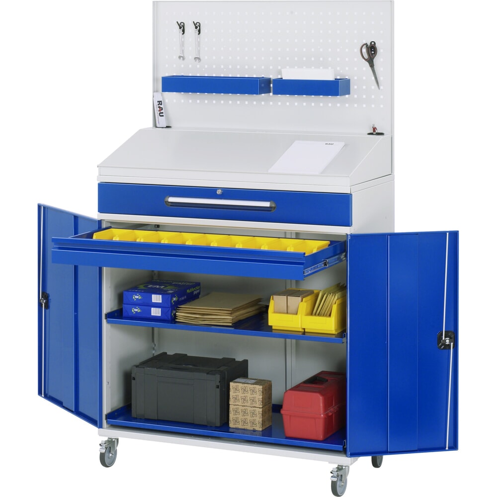 Produktabbildung: RAU mobiles Rollpult, HxBxT 1.235-1.895 x 1.100 x 520 mm, Schubladen 1 x 80, 1 x 120 mm