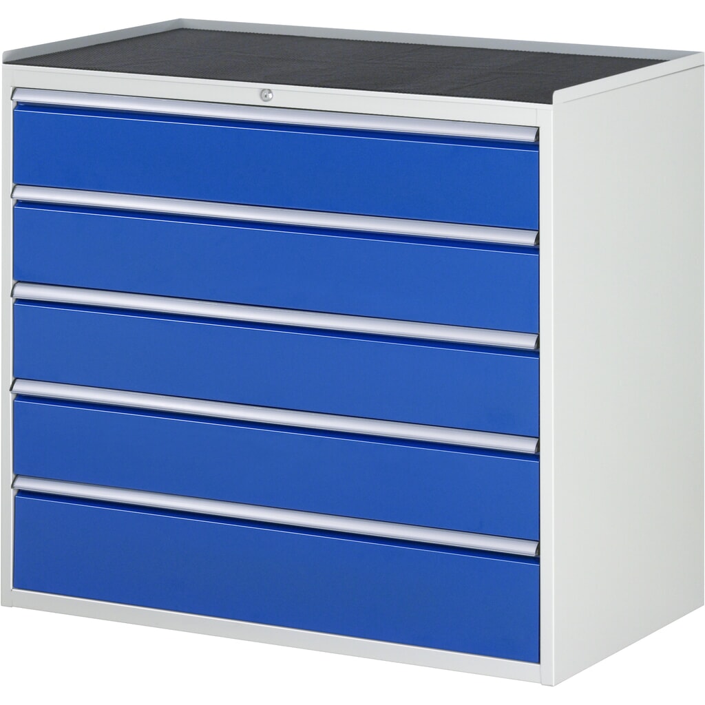 Produktabbildung: RAU Schubladenschrank Serie 7000, HxBxT 1.035 x 1.145 x 650 mm, 5 x 100%-Auszug-Schubladen 4 x 180, 1 x 210 mm, Arbeitsplatte Metall