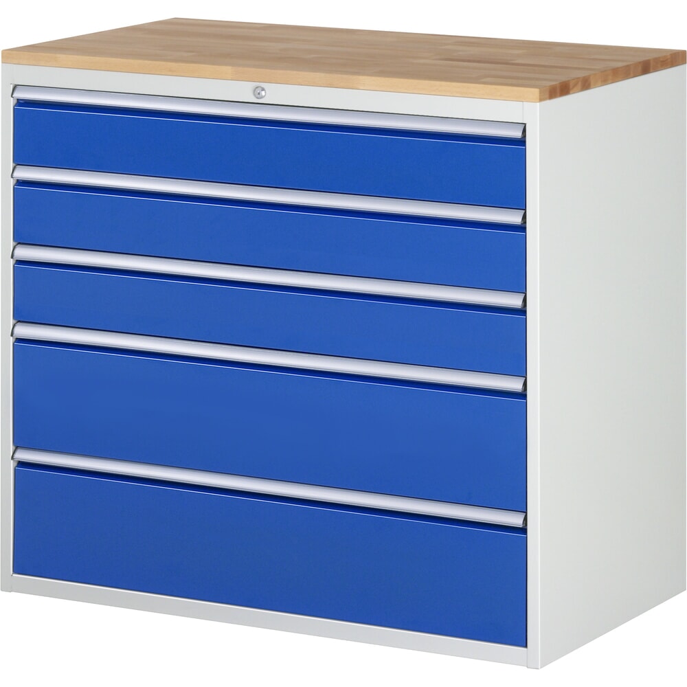 Produktabbildung: RAU Schubladenschrank Serie 7000, HxBxT 1.035 x 1.145 x 650 mm, 5 x 90%-Auszug-Schubladen 3 x 150, 2 x 240 mm, Arbeitsplatte Buche