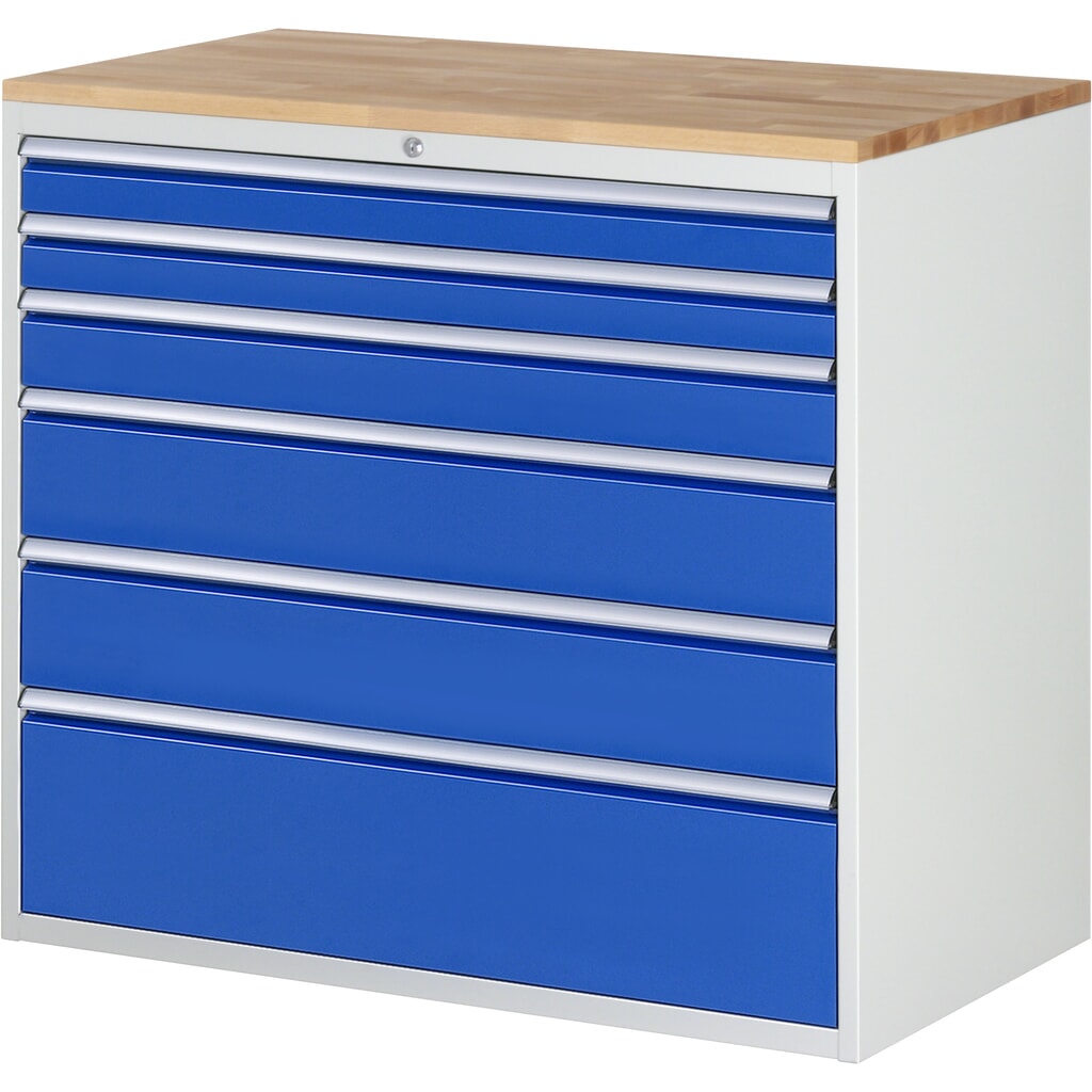 RAU Schubladenschrank Serie 7000, HxBxT 1.035 x 1.145 x 650 mm, 6 x 90%-Auszug-Schubladen 2 x 90, 1 x 120, 2 x 180, 1 x 270 mm, Arbeitsplatte Buche Produktabbildung: RAU Schubladenschrank Serie 7000, HxBxT 1.035 x 1.145 x 650 mm, 6 x 90%-Auszug-Schubladen 2 x 90, 1 x 120, 2 x 180, 1 x 270 mm, Arbeitsplatte Buche