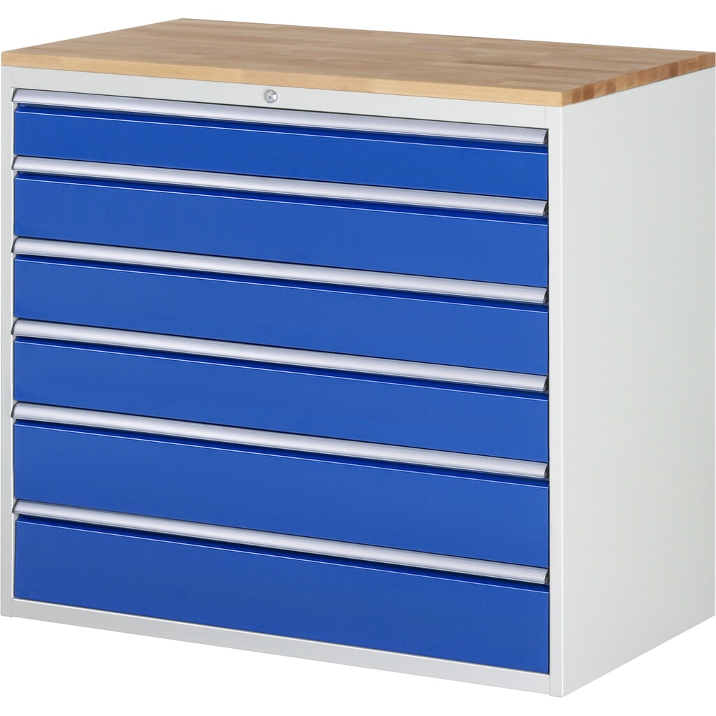 Produktabbildung: RAU Schubladenschrank Serie 7000, HxBxT 1.035 x 1.145 x 650 mm, 6 x 90%-Auszug-Schubladen 1 x 120, 3 x 150, 2 x 180 mm, Arbeitsplatte Buche