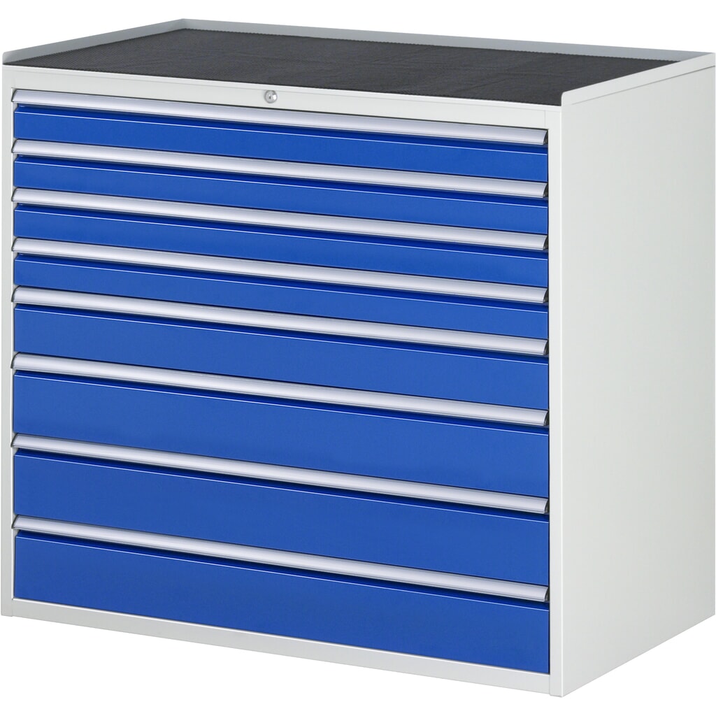 Produktabbildung: RAU Schubladenschrank Serie 7000, HxBxT 1.035 x 1.145 x 650 mm, 8 x 90%-Auszug-Schubladen 4 x 90, 1 x 120, 3 x 150 mm, Arbeitsplatte Metall