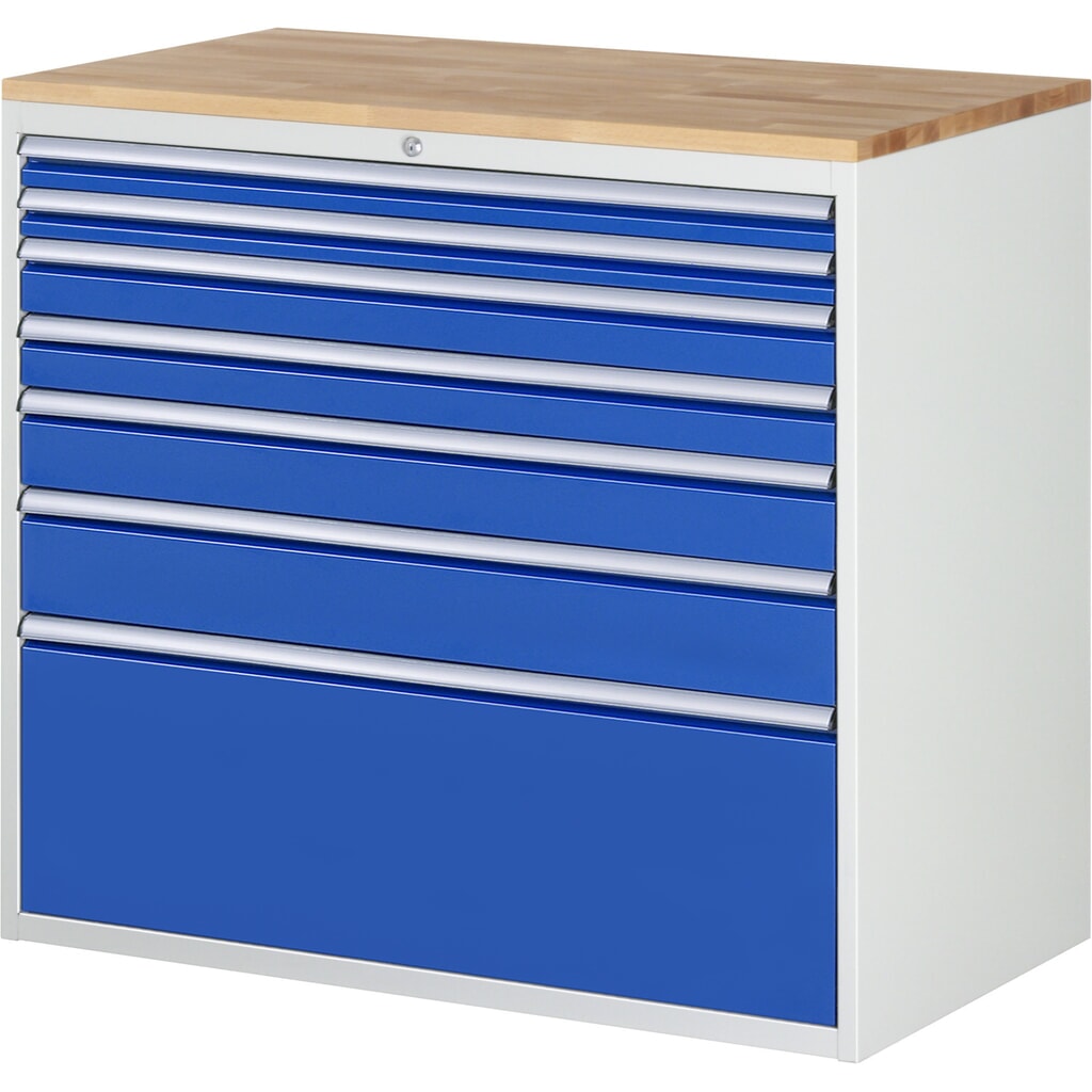 Produktabbildung: RAU Schubladenschrank Serie 7000, HxBxT 1.035 x 1.145 x 650 mm, 7 x 100%-Auszug-Schubladen 2 x 60, 2 x 90, 1 x 120, 1 x 150, 1 x 360 mm, Arbeitsplatte Buche