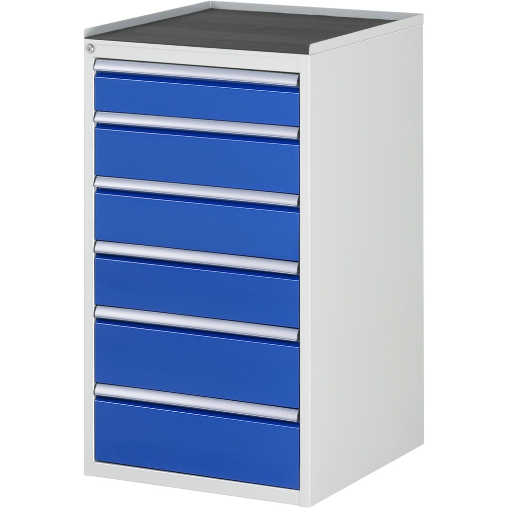 Produktabbildung: RAU Schubladenschrank Serie 7000, HxBxT 1.035 x 580 x 650 mm, 6 x 90%-Auszug-Schubladen 1 x 120, 3 x 150, 2 x 180 mm, Arbeitsplatte Metall