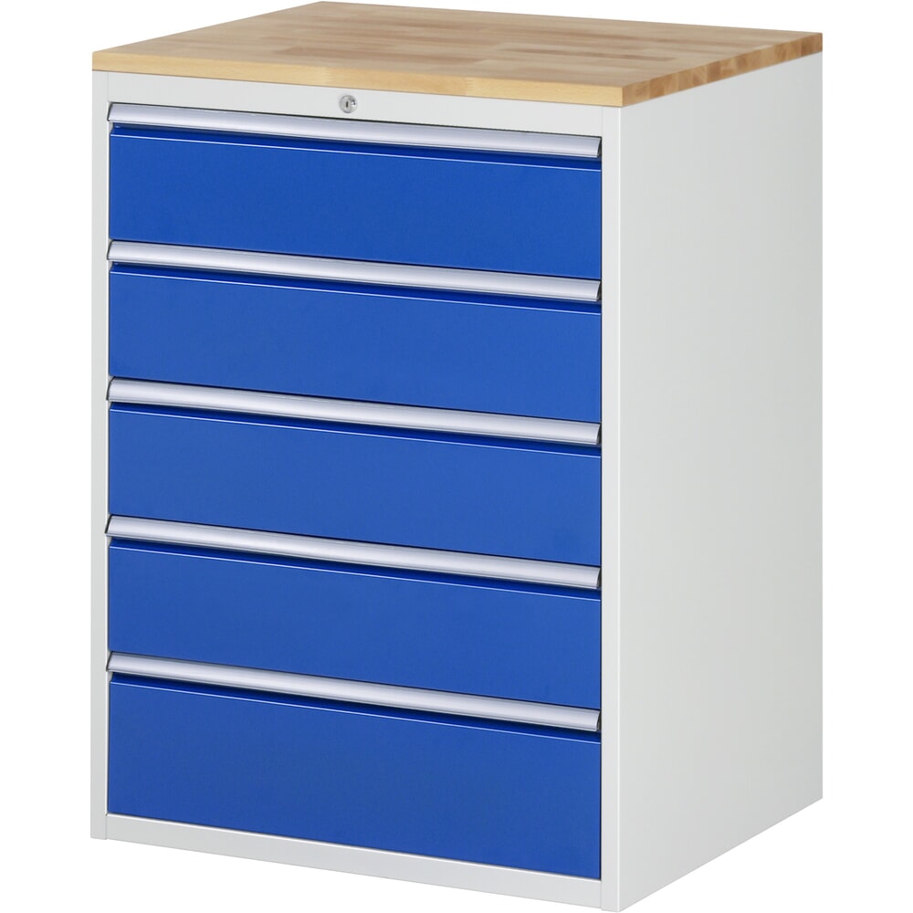 Produktabbildung: RAU Schubladenschrank Serie 7000, HxBxT 1.035 x 770 x 650 mm, 5 x 90%-Auszug-Schubladen 4 x 180, 1 x 210 mm, Arbeitsplatte Buche