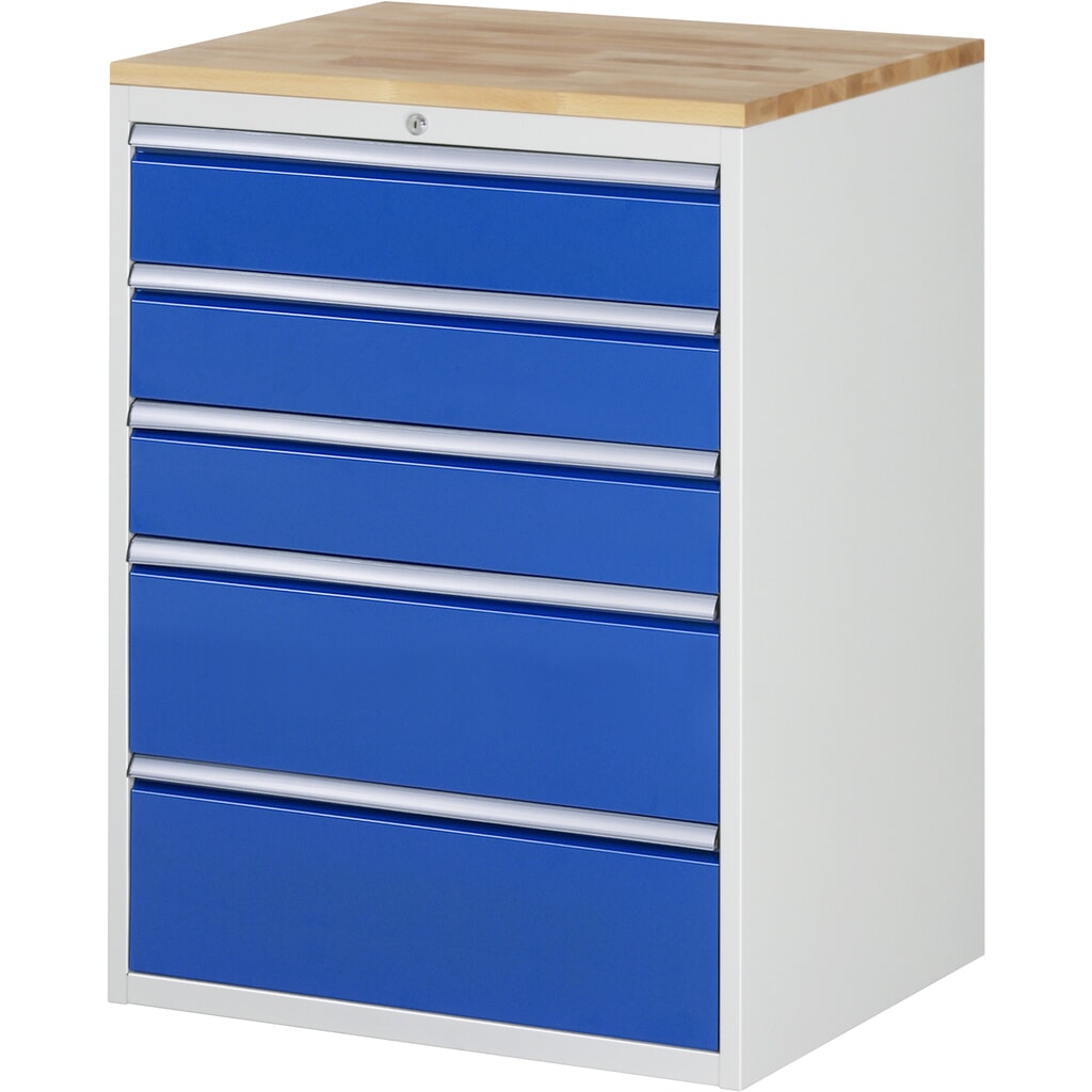 RAU Schubladenschrank Serie 7000, HxBxT 1.035 x 770 x 650 mm, 5 x 90%-Auszug-Schubladen 3 x 150, 2 x 240 mm, Arbeitsplatte Buche Produktabbildung: RAU Schubladenschrank Serie 7000, HxBxT 1.035 x 770 x 650 mm, 5 x 90%-Auszug-Schubladen 3 x 150, 2 x 240 mm, Arbeitsplatte Buche