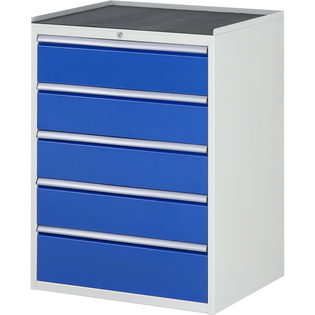 Produktabbildung: RAU Schubladenschrank Serie 7000, HxBxT 1.035 x 770 x 650 mm, 5 x 100%-Auszug-Schubladen 4 x 180, 1 x 210 mm, Arbeitsplatte Metall