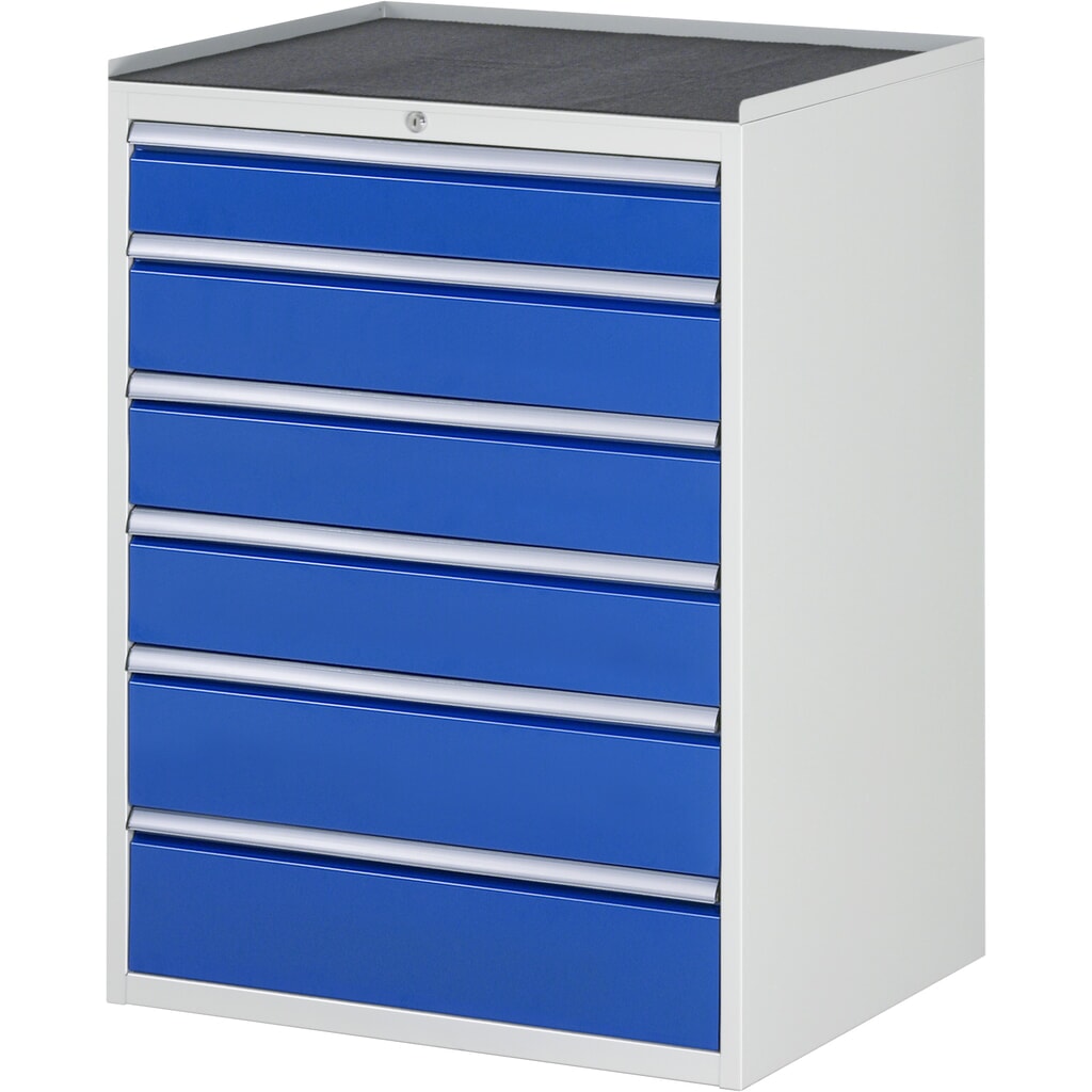 Produktabbildung: RAU Schubladenschrank Serie 7000, HxBxT 1.035 x 770 x 650 mm, 6 x 90%-Auszug-Schubladen 1 x 120, 3 x 150, 2 x 180 mm, Arbeitsplatte Metall