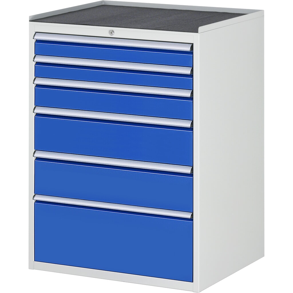 RAU Schubladenschrank Serie 7000, HxBxT 1.035 x 770 x 650 mm, 6 x 90%-Auszug-Schubladen 2 x 90, 1 x 120, 2 x 180, 1 x 270 mm, Arbeitsplatte Metall Produktabbildung: RAU Schubladenschrank Serie 7000, HxBxT 1.035 x 770 x 650 mm, 6 x 90%-Auszug-Schubladen 2 x 90, 1 x 120, 2 x 180, 1 x 270 mm, Arbeitsplatte Metall