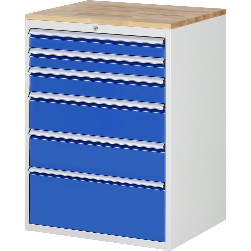 Produktabbildung: RAU Schubladenschrank Serie 7000, HxBxT 1.035 x 770 x 650 mm, 6 x 90%-Auszug-Schubladen 2 x 90, 1 x 120, 2 x 180, 1 x 270 mm, Arbeitsplatte Buche