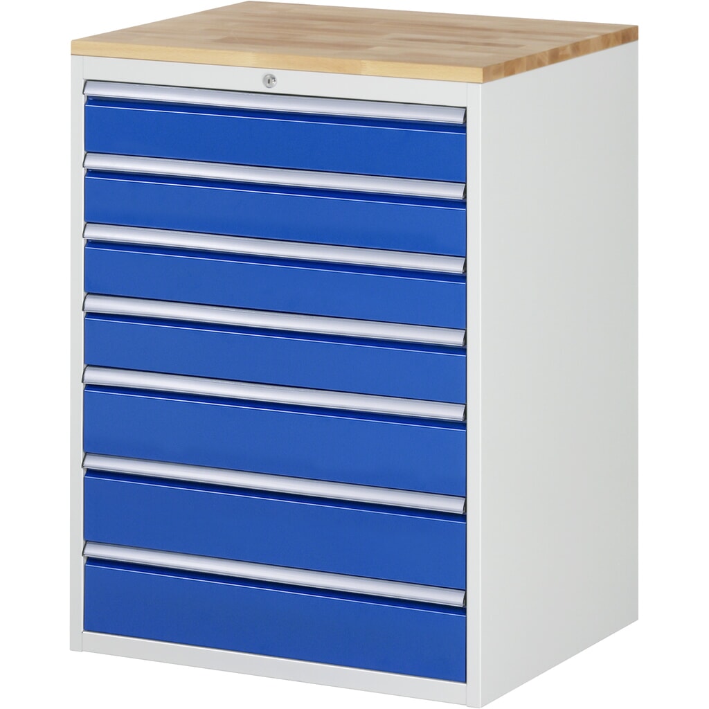 RAU Schubladenschrank Serie 7000, HxBxT 1.035 x 770 x 650 mm, 7 x 90%-Auszug-Schubladen 4 x 120, 3 x 150 mm, Arbeitsplatte Buche Produktabbildung: RAU Schubladenschrank Serie 7000, HxBxT 1.035 x 770 x 650 mm, 7 x 90%-Auszug-Schubladen 4 x 120, 3 x 150 mm, Arbeitsplatte Buche