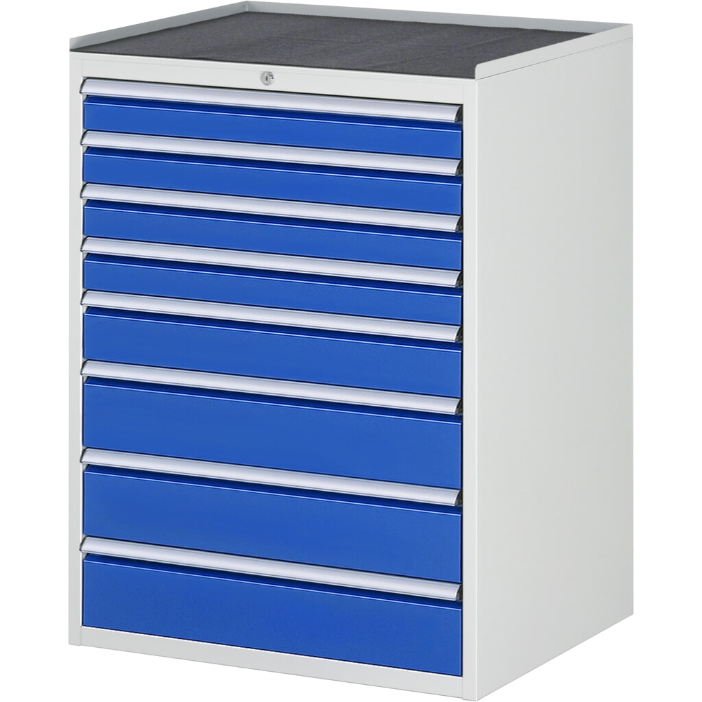 RAU Schubladenschrank Serie 7000, HxBxT 1.035 x 770 x 650 mm, 8 x 90%-Auszug-Schubladen 4 x 90, 1 x 120, 3 x 150 mm, Arbeitsplatte Metall Produktabbildung: RAU Schubladenschrank Serie 7000, HxBxT 1.035 x 770 x 650 mm, 8 x 90%-Auszug-Schubladen 4 x 90, 1 x 120, 3 x 150 mm, Arbeitsplatte Metall