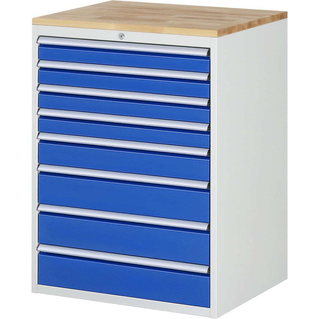Produktabbildung: RAU Schubladenschrank Serie 7000, HxBxT 1.035 x 770 x 650 mm, 8 x 90%-Auszug-Schubladen 4 x 90, 1 x 120, 3 x 150 mm, Arbeitsplatte Buche