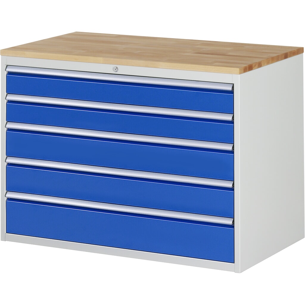 RAU Schubladenschrank Serie 7000, HxBxT 825 x 1.145 x 650 mm, 5 x 90%-Auszug-Schubladen 2 x 120, 2 x 150, 1 x 180 mm, Arbeitsplatte Buche Produktabbildung: RAU Schubladenschrank Serie 7000, HxBxT 825 x 1.145 x 650 mm, 5 x 90%-Auszug-Schubladen 2 x 120, 2 x 150, 1 x 180 mm, Arbeitsplatte Buche