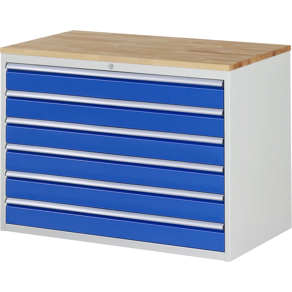 RAU Schubladenschrank Serie 7000, HxBxT 825 x 1.145 x 650 mm, 6 x 90%-Auszug-Schubladen 6 x 120 mm, Arbeitsplatte Buche Produktabbildung: RAU Schubladenschrank Serie 7000, HxBxT 825 x 1.145 x 650 mm, 6 x 90%-Auszug-Schubladen 6 x 120 mm, Arbeitsplatte Buche