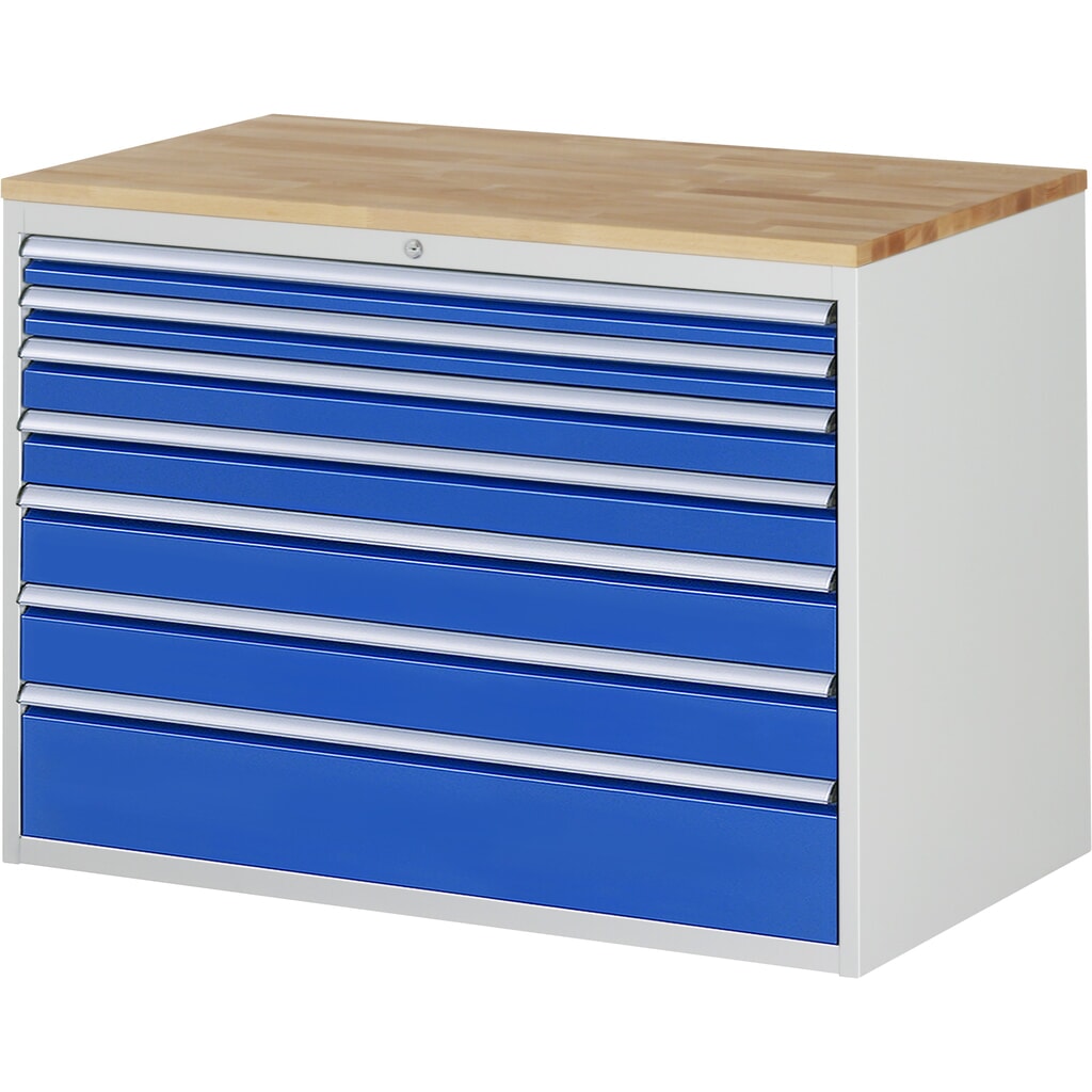 Produktabbildung: RAU Schubladenschrank Serie 7000, HxBxT 825 x 1.145 x 650 mm, 7 x 90%-Auszug-Schubladen 2 x 60, 2 x 90, 2 x 120, 1 x 180 mm, Arbeitsplatte Buche