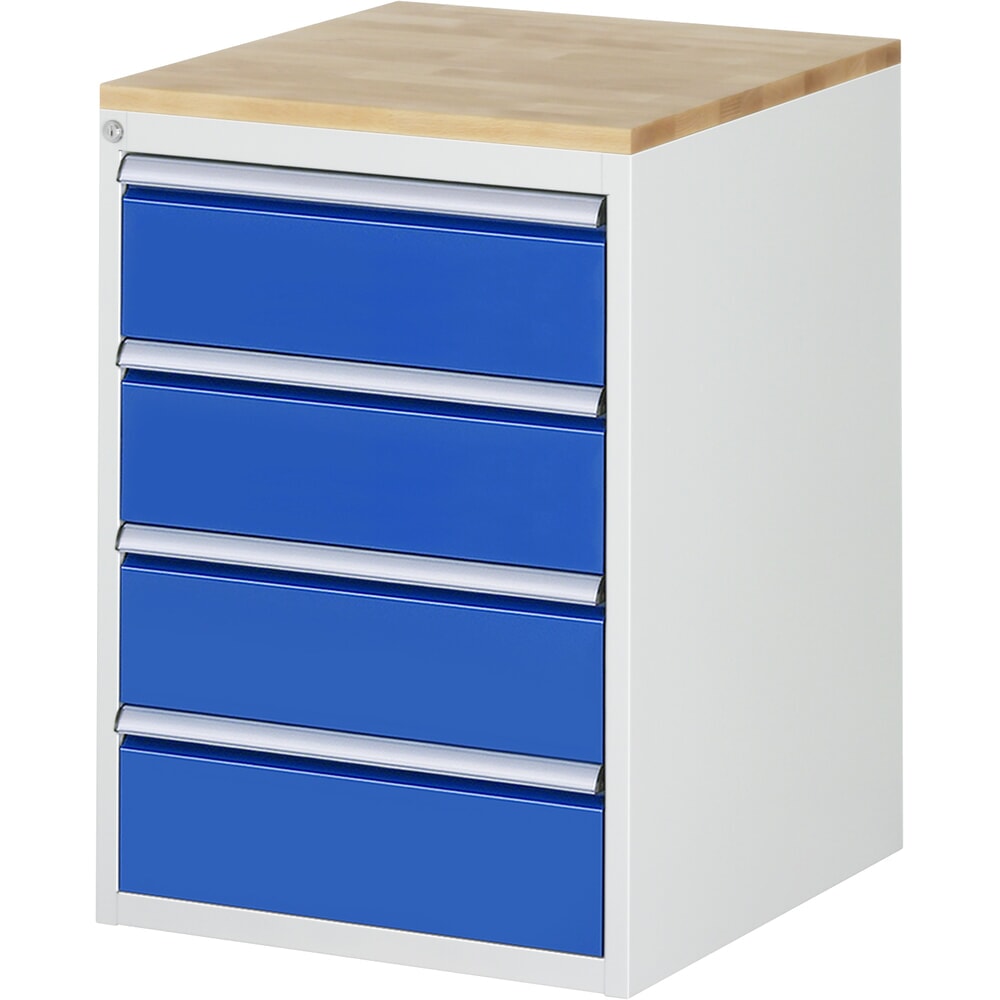 Produktabbildung: RAU Schubladenschrank Serie 7000, HxBxT 825 x 580 x 650 mm, 4 x 90%-Auszug-Schubladen 4 x 180 mm, Arbeitsplatte Buche