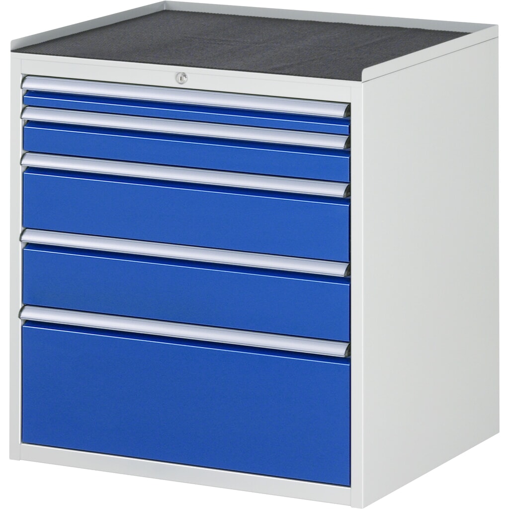 Produktabbildung: RAU Schubladenschrank Serie 7000, HxBxT 825 x 770 x 650 mm, 5 x 90%-Auszug-Schubladen 1 x 60, 1 x 90, 2 x 150, 1 x 270 mm, Arbeitsplatte Metall