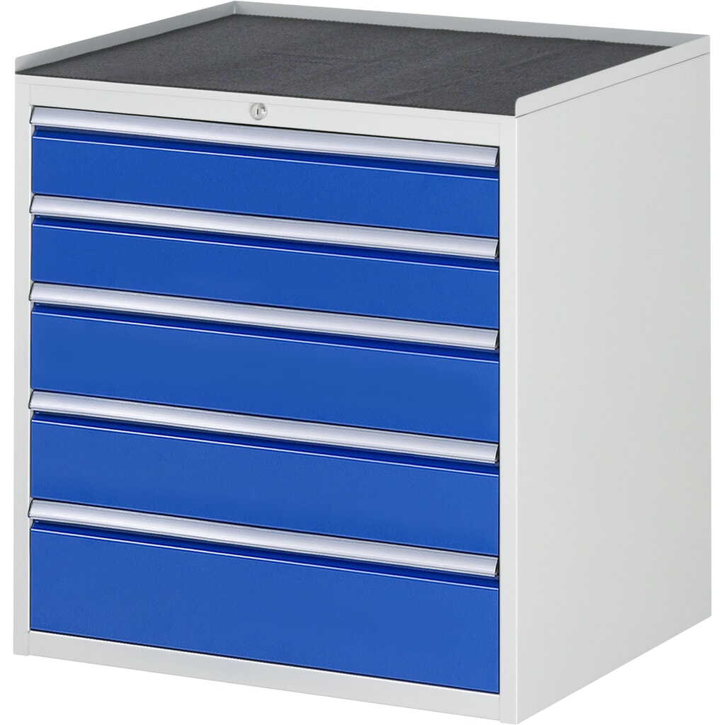 Produktabbildung: RAU Schubladenschrank Serie 7000, HxBxT 825 x 770 x 650 mm, 5 x 100%-Auszug-Schubladen 2 x 120, 2 x 150, 1 x 180 mm, Arbeitsplatte Metall