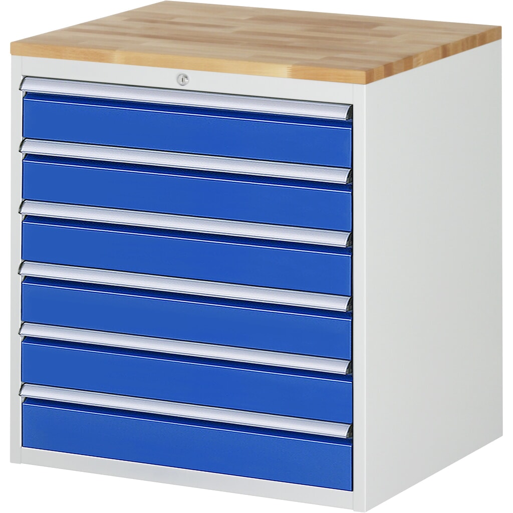 Produktabbildung: RAU Schubladenschrank Serie 7000, HxBxT 825 x 770 x 650 mm, 6 x 100%-Auszug-Schubladen 6 x 120 mm, Arbeitsplatte Buche