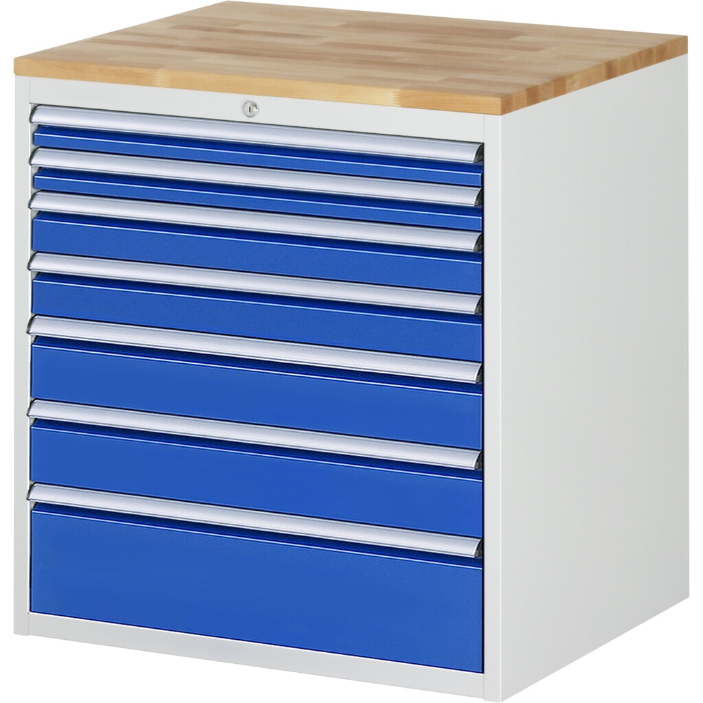 Produktabbildung: RAU Schubladenschrank Serie 7000, HxBxT 825 x 770 x 650 mm, 7 x 90%-Auszug-Schubladen 2 x 60, 2 x 90, 2 x 120, 1 x 180 mm, Arbeitsplatte Buche