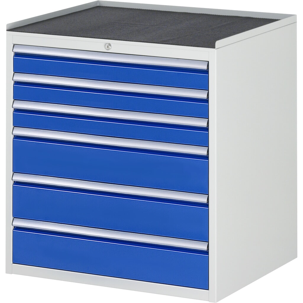 Produktabbildung: RAU Schubladenschrank Serie 7000, HxBxT 825 x 770 x 650 mm, 6 x 90%-Auszug-Schubladen 3 x 90, 3 x 150 mm, Arbeitsplatte Metall