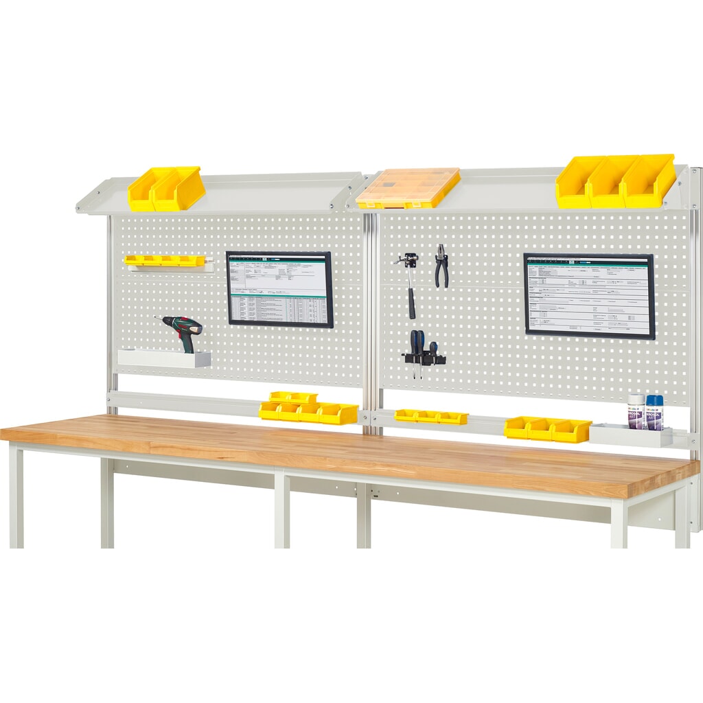 RAU Werkbank-Aufbau, HxBxT 1.130 x 3.000 x 350 mm, mit 2 neigbaren Metallablagen, 2 Halteschienen und 2 Flachbildschirmhalter, Komplettset 02 für Produktbreite 3.000 mm Produktabbildung: RAU Werkbank-Aufbau, HxBxT 1.130 x 3.000 x 350 mm, mit 2 neigbaren Metallablagen, 2 Halteschienen und 2 Flachbildschirmhalter, Komplettset 02 für Produktbreite 3.000 mm