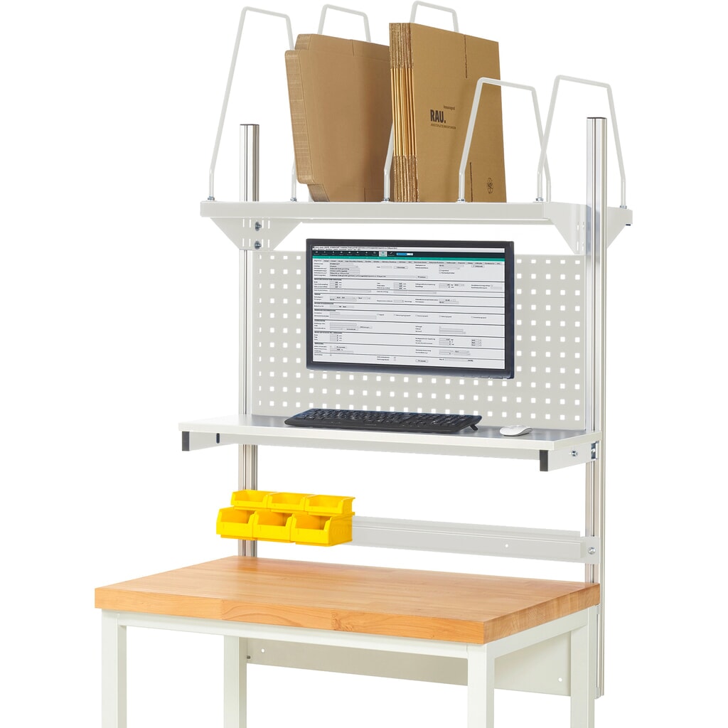 RAU Werkbank-Aufbau, HxBxT 1.130 x 1.000 x 350 mm, mit 1 Etagenboard, 1 Halteschiene und 1 Flachbildschirmhalter, Komplettset 03 für Produktbreite 1.000 mm Produktabbildung: RAU Werkbank-Aufbau, HxBxT 1.130 x 1.000 x 350 mm, mit 1 Etagenboard, 1 Halteschiene und 1 Flachbildschirmhalter, Komplettset 03 für Produktbreite 1.000 mm