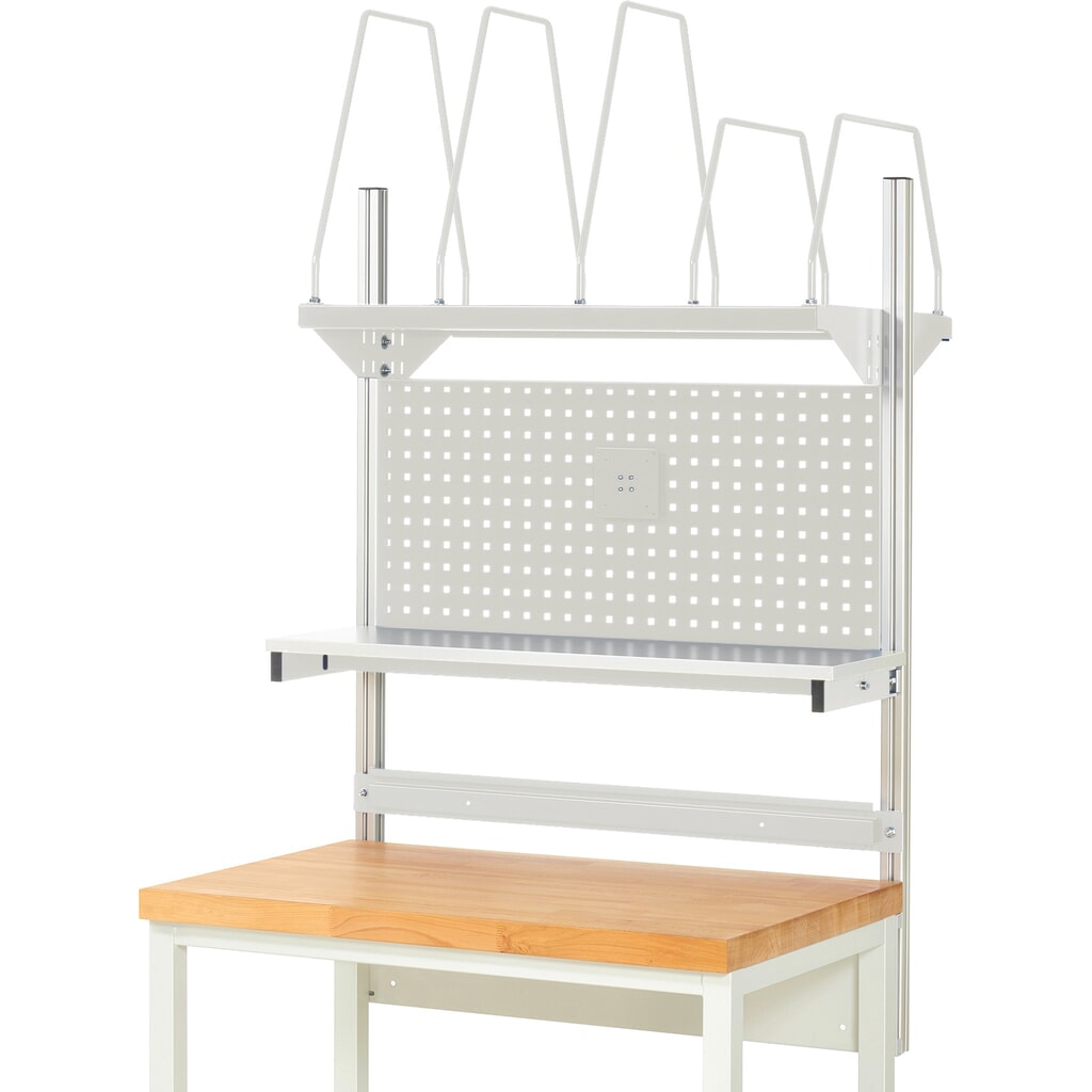 RAU Werkbank-Aufbau, HxBxT 1.130 x 1.000 x 350 mm, mit 1 Etagenboard, 1 Halteschiene und 1 Flachbildschirmhalter, Komplettset 03 für Produktbreite 1.000 mm Produktabbildung Nr. 2: RAU Werkbank-Aufbau, HxBxT 1.130 x 1.000 x 350 mm, mit 1 Etagenboard, 1 Halteschiene und 1 Flachbildschirmhalter, Komplettset 03 für Produktbreite 1.000 mm