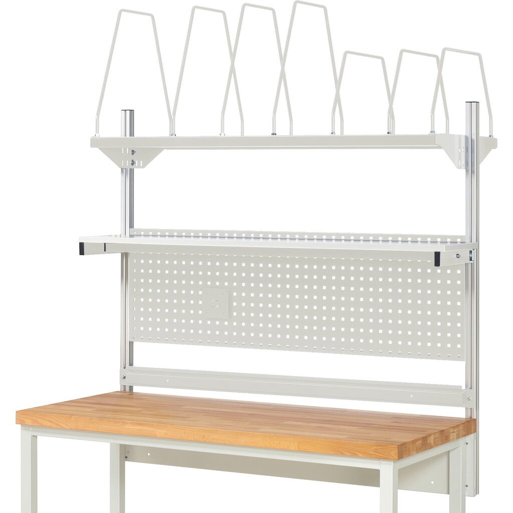 Produktabbildung Nr. 2: RAU Werkbank-Aufbau, HxBxT 1.130 x 1.500 x 350 mm, mit 1 Etagenboard, 1 Halteschiene und 1 Flachbildschirmhalter, Komplettset 03 für Produktbreite 2.000 mm