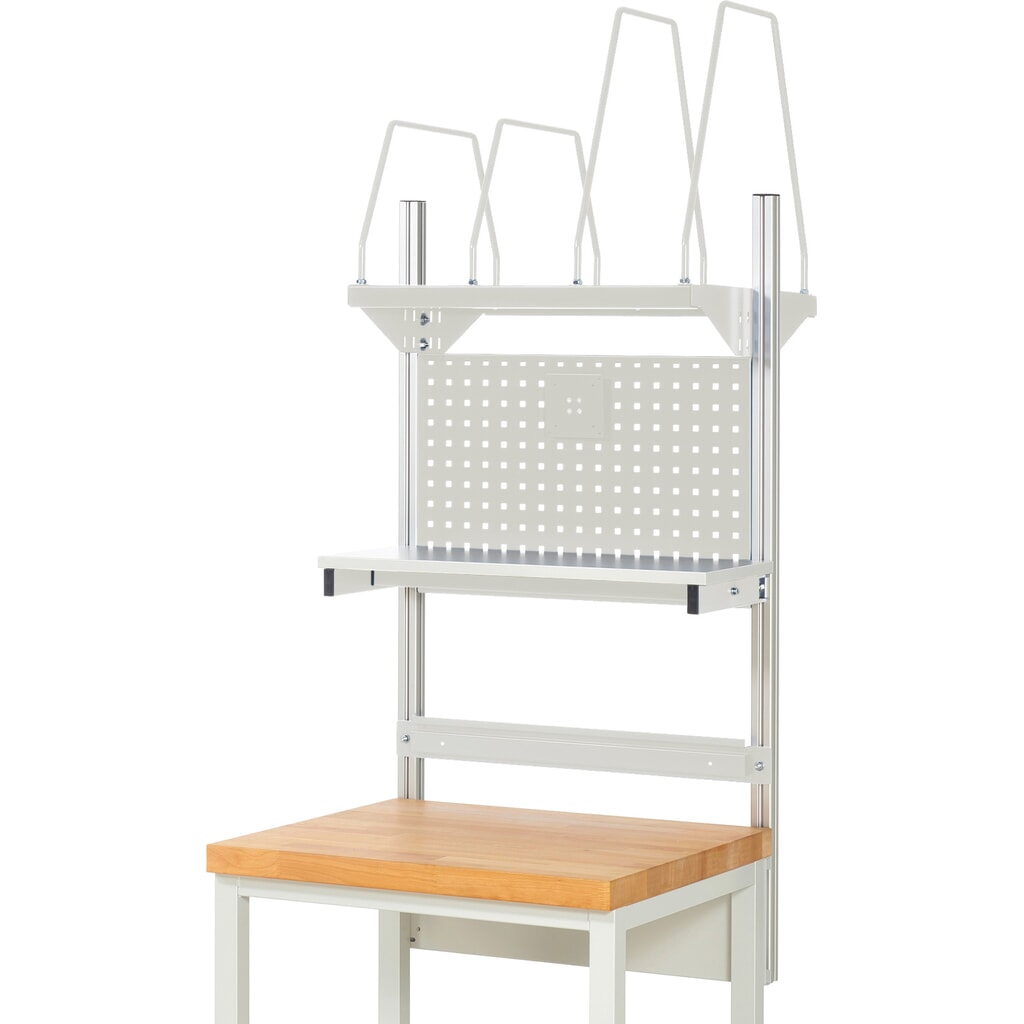 RAU Werkbank-Aufbau, HxBxT 1.130 x 750 x 350 mm, mit 1 Etagenboard, 1 Halteschiene und 1 Flachbildschirmhalter, Komplettset 03 für Produktbreite 750 mm Produktabbildung Nr. 2: RAU Werkbank-Aufbau, HxBxT 1.130 x 750 x 350 mm, mit 1 Etagenboard, 1 Halteschiene und 1 Flachbildschirmhalter, Komplettset 03 für Produktbreite 750 mm