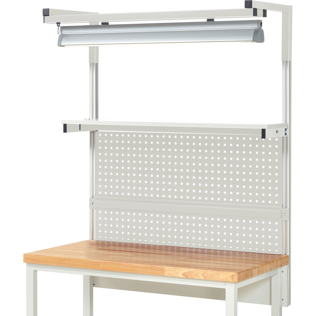 RAU Werkbank-Aufbau, HxBxT 1.380 x 1.250 x 350 mm, mit 1 Etagenboard, 1 Halteschiene, 1 Auslegerpaar und 1 Leuchte, Komplettset 04 für Produktbreite 1.250 mm Produktabbildung Nr. 2: RAU Werkbank-Aufbau, HxBxT 1.380 x 1.250 x 350 mm, mit 1 Etagenboard, 1 Halteschiene, 1 Auslegerpaar und 1 Leuchte, Komplettset 04 für Produktbreite 1.250 mm