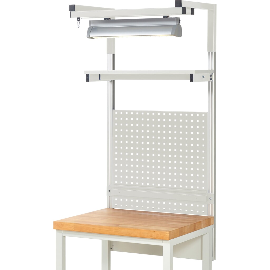 RAU Werkbank-Aufbau, HxBxT 1.380 x 750 x 350 mm, mit 1 Etagenboard, 1 Halteschiene, 1 Auslegerpaar und 1 Leuchte, Komplettset 04 für Produktbreite 750 mm Produktabbildung Nr. 2: RAU Werkbank-Aufbau, HxBxT 1.380 x 750 x 350 mm, mit 1 Etagenboard, 1 Halteschiene, 1 Auslegerpaar und 1 Leuchte, Komplettset 04 für Produktbreite 750 mm