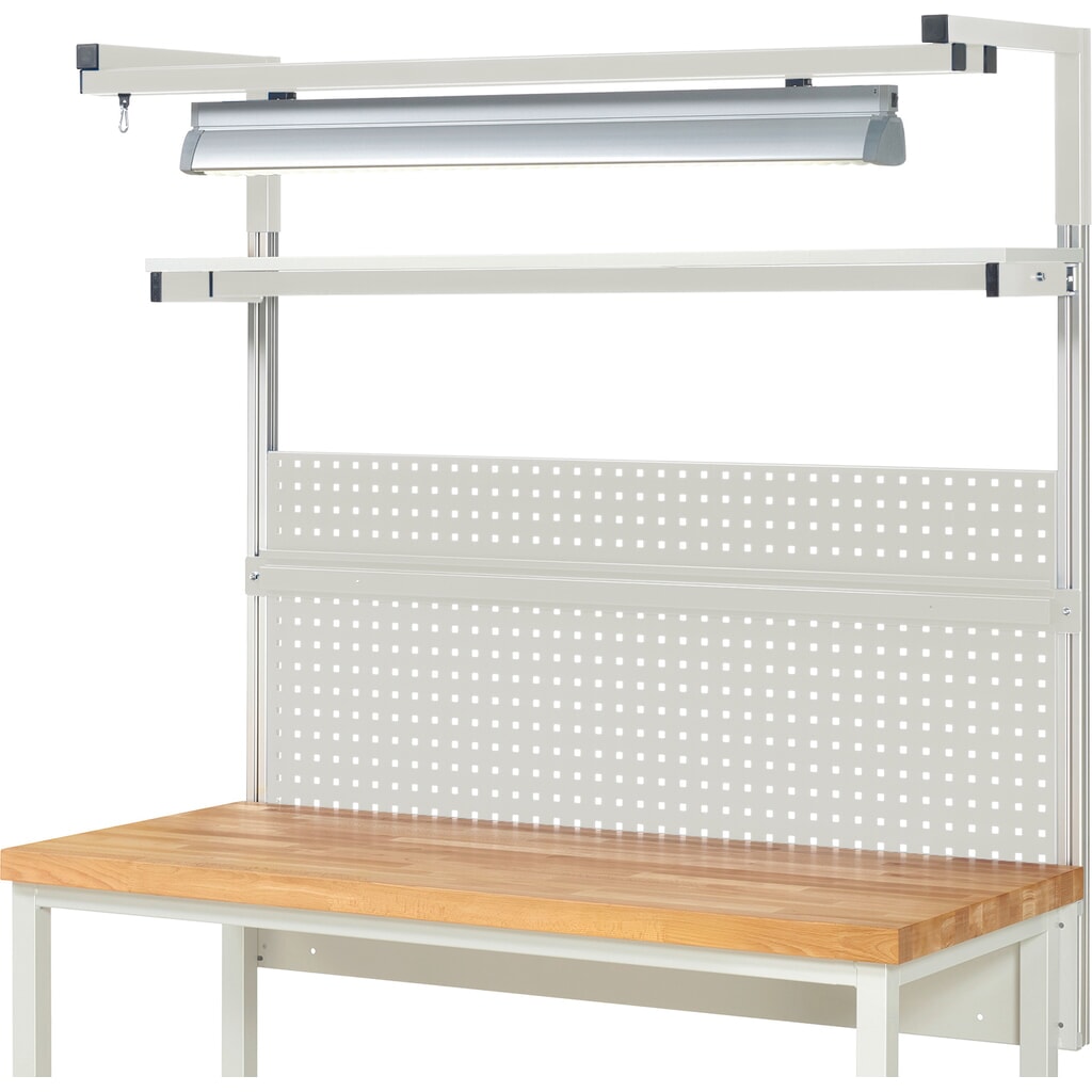 Produktabbildung Nr. 2: RAU Werkbank-Aufbau, HxBxT 1.380 x 1.500 x 350 mm, mit 1 Etagenboard, 1 Halteschiene, 1 Auslegerpaar und 1 Leuchte, Komplettset 04 für Produktbreite 1.500 mm