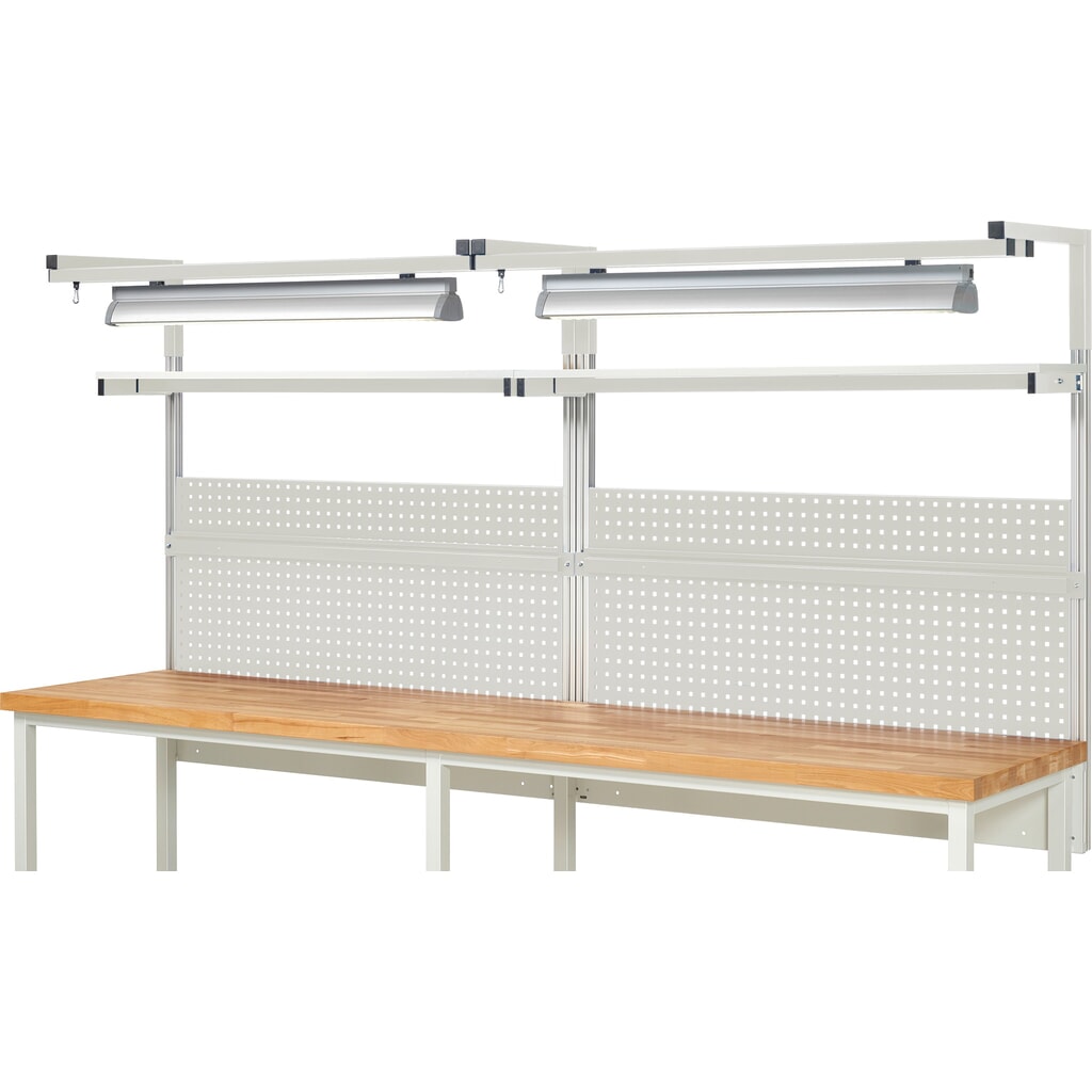 RAU Werkbank-Aufbau, HxBxT 1.380 x 3.000 x 350 mm, mit 2 Etagenboards, 2 Halteschienen, 2 Auslegerpaare und 2 Leuchten, Komplettset 04 für Produktbreite 3.000 mm Produktabbildung Nr. 2: RAU Werkbank-Aufbau, HxBxT 1.380 x 3.000 x 350 mm, mit 2 Etagenboards, 2 Halteschienen, 2 Auslegerpaare und 2 Leuchten, Komplettset 04 für Produktbreite 3.000 mm