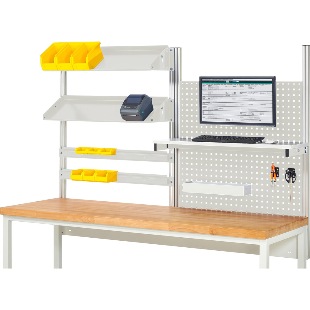 Produktabbildung: RAU Werkbank-Aufbau, HxBxT 1.130 x 2.000 x 350 mm, mit 1 Etagenboard, 2 Halteschienen, 2 neigbare Metallablagen und 1 Flachbildschirmhalter, Komplettset 05 für Produktbreite 2.000 mm