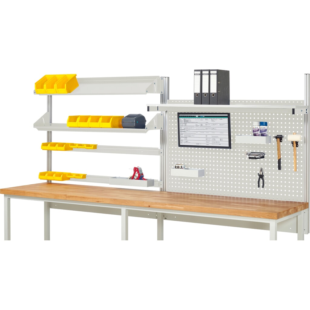 RAU Werkbank-Aufbau, HxBxT 1.130 x 3.000 x 3.000 mm, mit 1 Etagenboard, 2 Halteschienen, 2 neigbare Metallablagen und 1 Flachbildschirmhalter, Komplettset 05 für Produktbreite 3.000 mm Produktabbildung: RAU Werkbank-Aufbau, HxBxT 1.130 x 3.000 x 3.000 mm, mit 1 Etagenboard, 2 Halteschienen, 2 neigbare Metallablagen und 1 Flachbildschirmhalter, Komplettset 05 für Produktbreite 3.000 mm