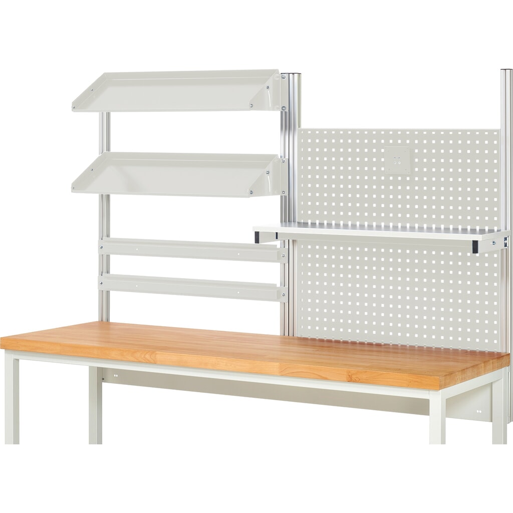 RAU Werkbank-Aufbau, HxBxT 1.130 x 2.000 x 350 mm, mit 1 Etagenboard, 2 Halteschienen, 2 neigbare Metallablagen und 1 Flachbildschirmhalter, Komplettset 05 für Produktbreite 2.000 mm Produktabbildung Nr. 2: RAU Werkbank-Aufbau, HxBxT 1.130 x 2.000 x 350 mm, mit 1 Etagenboard, 2 Halteschienen, 2 neigbare Metallablagen und 1 Flachbildschirmhalter, Komplettset 05 für Produktbreite 2.000 mm