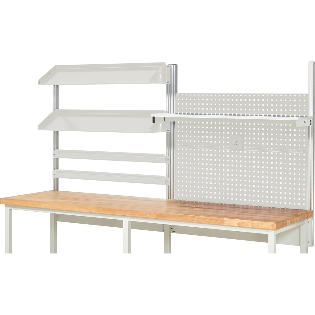 RAU Werkbank-Aufbau, HxBxT 1.130 x 2.500 x 350 mm, mit 1 Etagenboard, 2 Halteschienen, 2 neigbare Metallablagen und 1 Flachbildschirmhalter, Komplettset 05 für Produktbreite 2.500 mm Produktabbildung Nr. 2: RAU Werkbank-Aufbau, HxBxT 1.130 x 2.500 x 350 mm, mit 1 Etagenboard, 2 Halteschienen, 2 neigbare Metallablagen und 1 Flachbildschirmhalter, Komplettset 05 für Produktbreite 2.500 mm