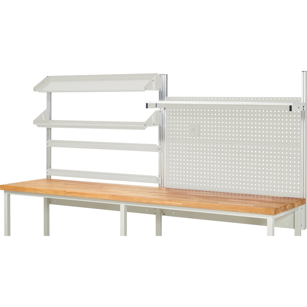 RAU Werkbank-Aufbau, HxBxT 1.130 x 3.000 x 3.000 mm, mit 1 Etagenboard, 2 Halteschienen, 2 neigbare Metallablagen und 1 Flachbildschirmhalter, Komplettset 05 für Produktbreite 3.000 mm Produktabbildung Nr. 2: RAU Werkbank-Aufbau, HxBxT 1.130 x 3.000 x 3.000 mm, mit 1 Etagenboard, 2 Halteschienen, 2 neigbare Metallablagen und 1 Flachbildschirmhalter, Komplettset 05 für Produktbreite 3.000 mm