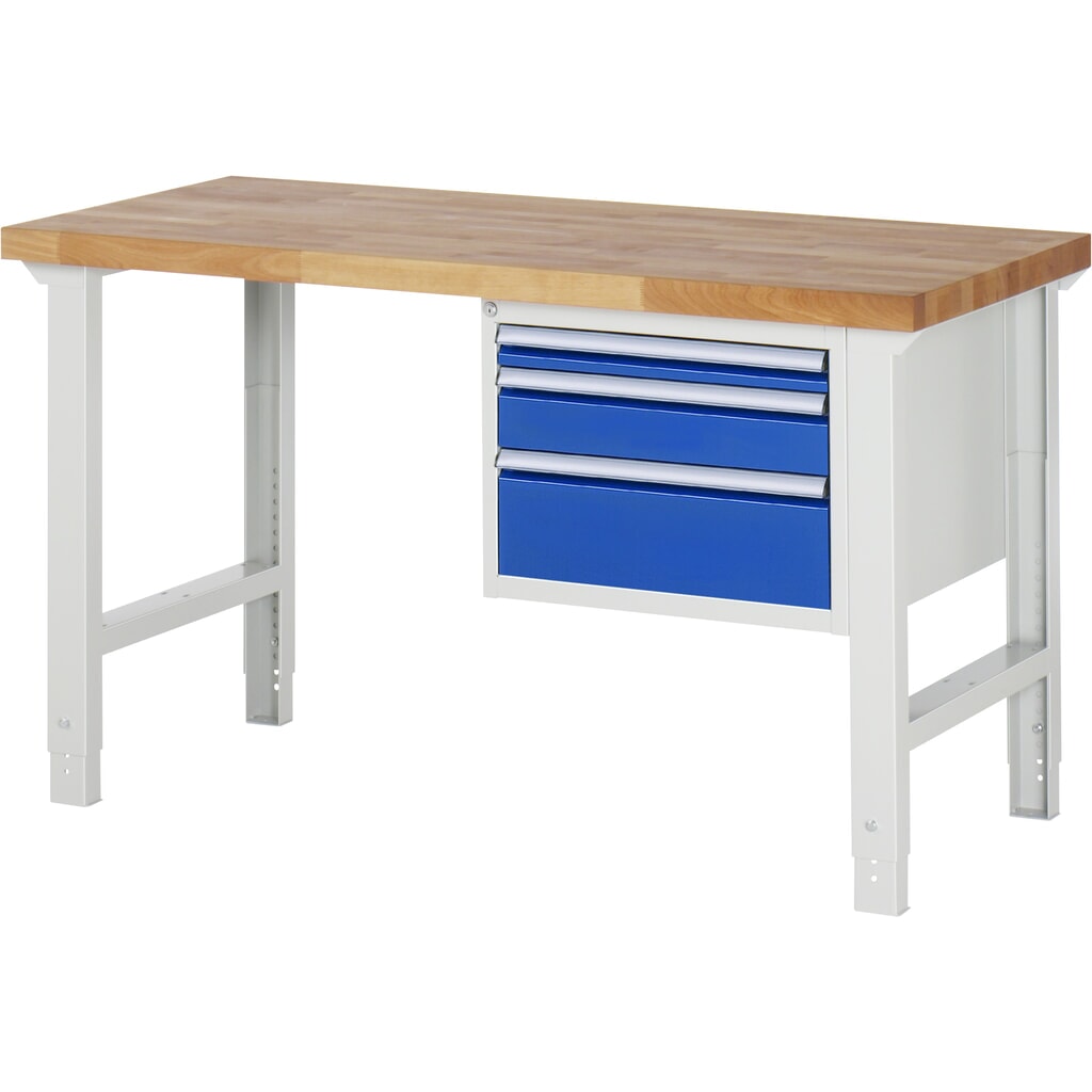 Produktabbildung: RAU Werkbank Serie 7000, 1 Container, HxBxT 790-1.140 x 1.500 x 700 mm, 3 x 90%-Auszug-Schubladen 1 x 60, 1 x 120, 1 x 180 mm